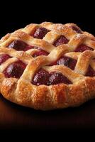 Delicious cherry pie with lattice crust, freshly baked and sprinkled with powdered sugar photo