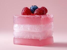 Layered pink dessert with raspberries and blueberries photo