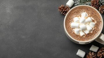 Cozy winter cocoa with marshmallows and pine cones photo