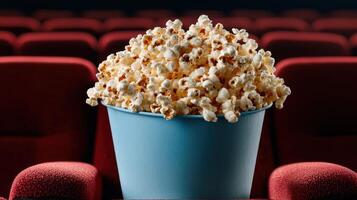 A bucket of popcorn in a movie theater photo