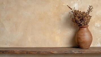Dried flowers in a rustic vase on a wooden shelf against a textured wall photo