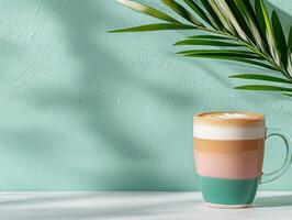 Layered latte art coffee in a glass mug on a white table with a palm leaf in the background photo
