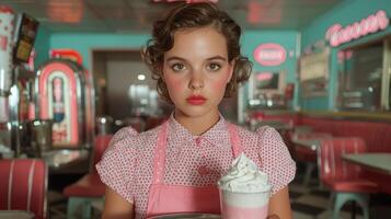 Smiling waitress in a retro diner holds a milkshake photo
