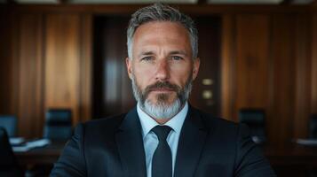 Portrait of a serious businessman in a modern office setting. photo