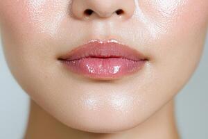 Close up of womans face with glossy lips and dewy skin photo