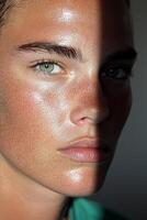 Close up portrait of a womans face with freckles and glowing skin photo