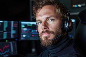 Focused trader working late at night, analyzing charts and data on multiple monitors photo