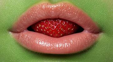 Close up of womans lips with a strawberry inside photo
