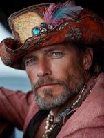 Close up portrait of a man with a weathered face and intricate hat photo