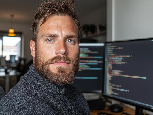Portrait of a focused male programmer working late at night.