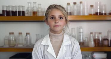 Portrait of a young girl in a lab coat, science experiment, STEM education photo