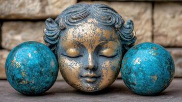 Serene face statue with turquoise spheres photo