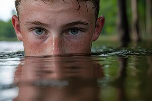 Close up of a boys face peeking out of the water photo