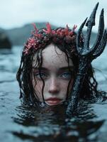 Young woman with freckles and blue eyes, wearing a coral crown and holding a trident, submerged in dark water photo