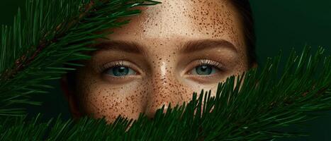 Closeup of a womans face partially hidden behind pine branches photo