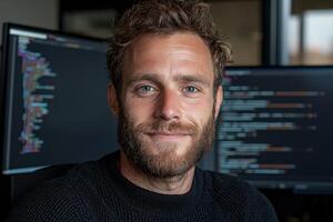 Portrait of a smiling programmer in front of his computer screens photo