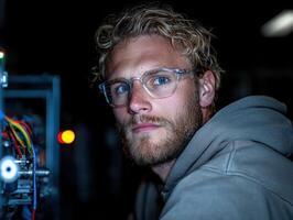 Focused young male engineer working on complex machinery in a dark industrial setting photo