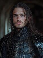 Portrait of a medieval warrior with long hair and ornate armor photo
