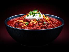 A bowl of gourmet chili topped with sour cream and cheese photo