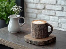 Close up of a latte art in a rustic tree trunk mug on a wooden table photo