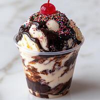 Close up of a delicious chocolate sundae with vanilla ice cream, sprinkles, and a cherry on top photo