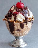 Delicious chocolate sundae with pretzels and cherry photo