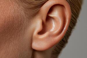 Close up of a womans ear, showing skin texture and details photo