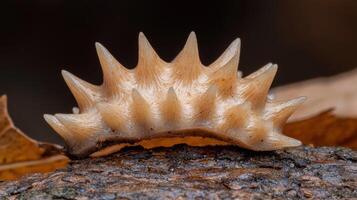 Close up of a unique mushroom with spiky, light brown cap on a dark brown log photo