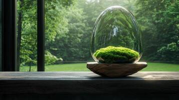 Glass terrarium with moss on wooden base, near window with green nature view photo