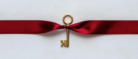 Golden key tied with a red ribbon on a white background photo