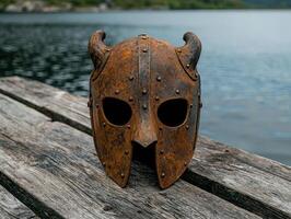 Rusty medieval helmet with horns on wooden surface near water photo