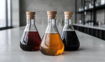 Three Erlenmeyer Flasks Filled with Different Colored Liquids photo