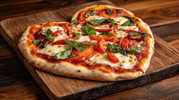 Heart shaped pizza with fresh basil and tomatoes photo