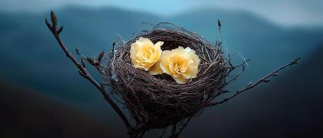 Two delicate yellow roses nestled in a birds nest on a branch photo