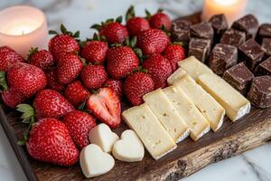 Romantic Valentines Day cheese board with strawberries, chocolate, and brie photo