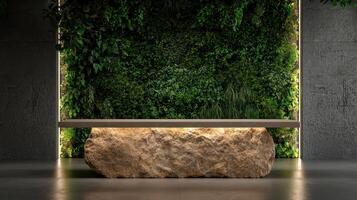 Modern minimalist stone and concrete reception desk with a green wall background photo