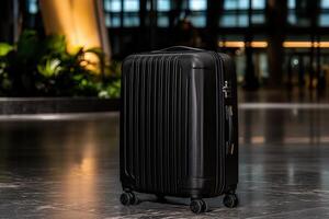 Black suitcase in airport terminal photo