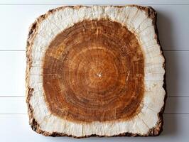 Cross section of a tree trunk with concentric rings on a white wooden background photo
