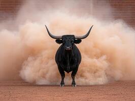 Black bull running through a cloud of dust in a bullring photo
