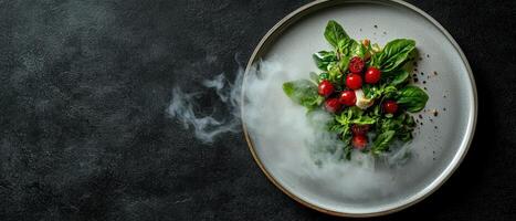 Smoked gourmet salad with cherry tomatoes and fresh basil on a gray plate photo