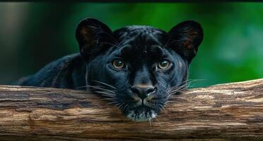 Close up of a black panther resting on a log photo