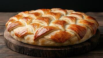 Delicious golden brown pastry pie with lattice top crust on wooden board photo