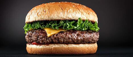 Juicy beef burger with cheese and lettuce on a sesame seed bun. photo