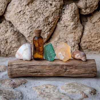 esencial petróleo botella con cristales y conchas marinas en madera flotante foto