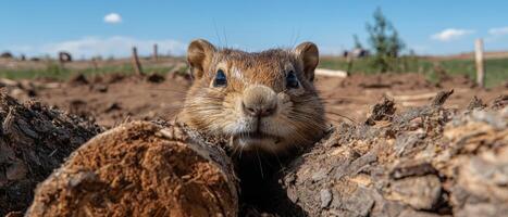 Close up of a cute rodent peeking from behind a log photo