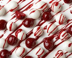 Delicious white and red candy balls with red sauce photo