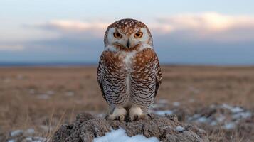 Majestic snowy owl perched on a rock in a winter field photo