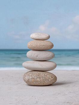 zen piedras equilibrado en un playa, relajación y atención plena concepto foto