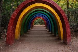 Rainbow arch pathway in a forest photo