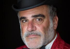 Close up portrait of a man with a gray beard wearing a top hat and red jacket photo